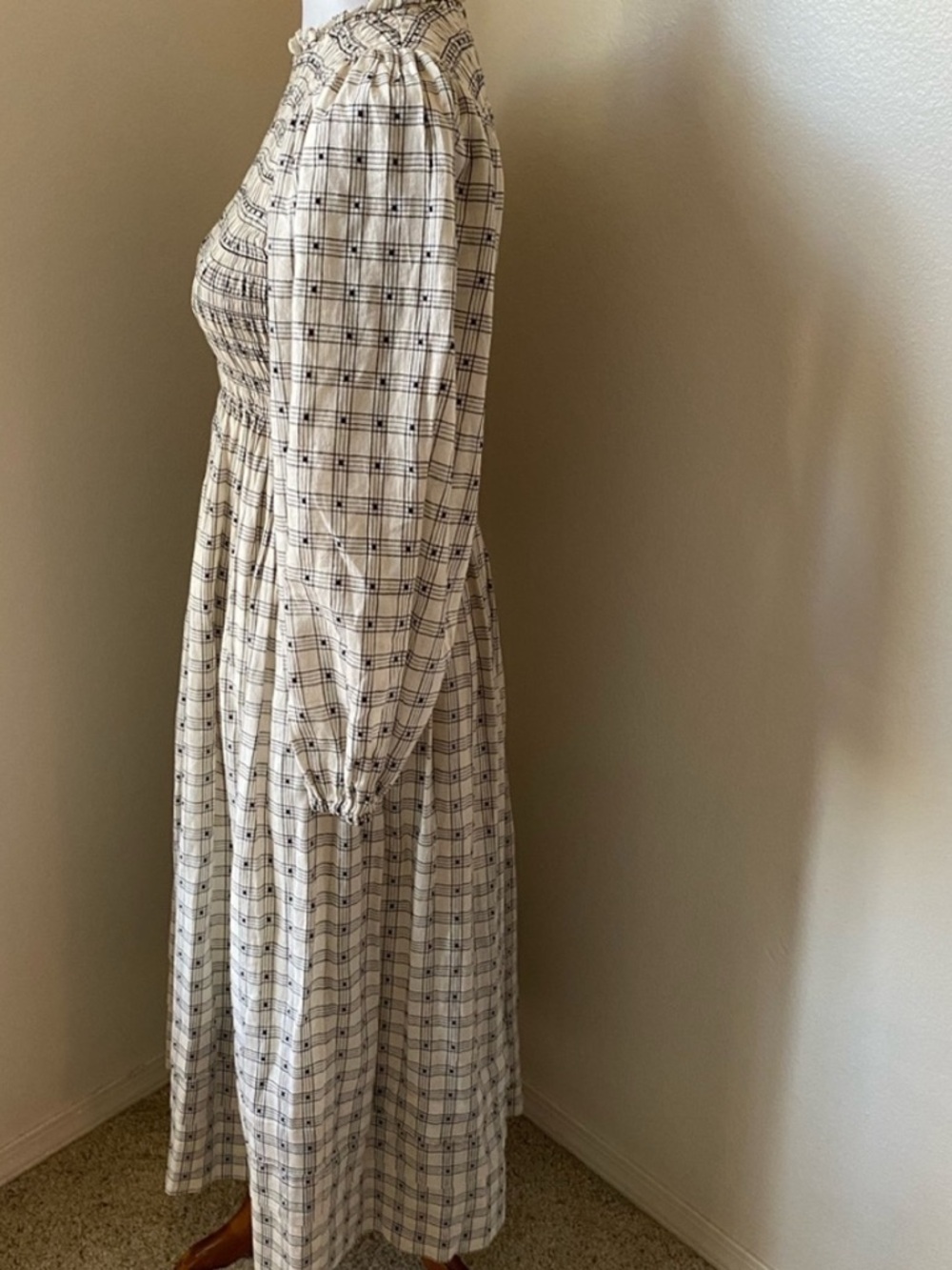 THE GREAT Plaid Midi Long Dress in White Cream Black Cottage core Hill house - Picture 8 of 10